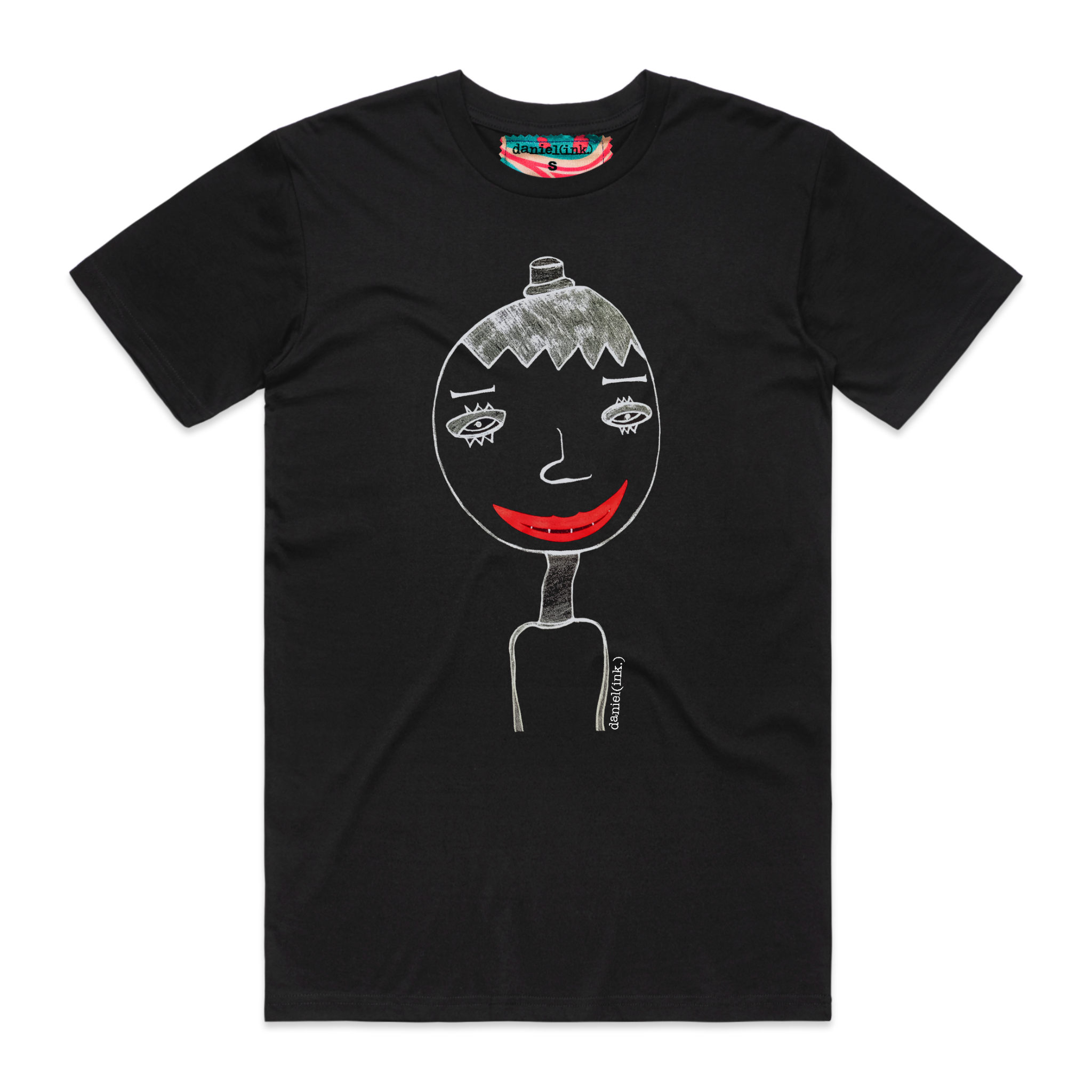 Men's black t-shirt featuring a hand drawn sketch of a person in white. The person is wearing a small top hat and has big red lips in a big smile. This t-shirt has a red, white, and blue fabric label on the back of the neck.