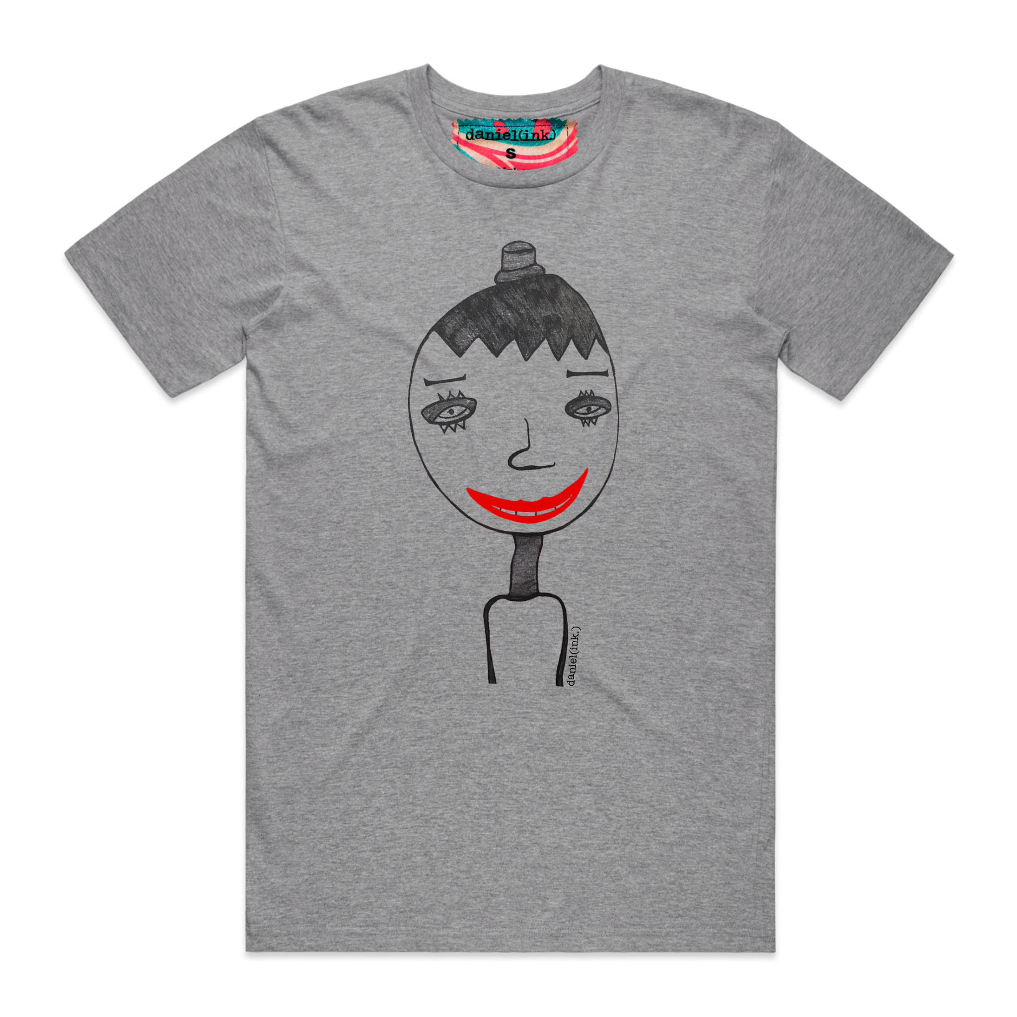Men's grey t-shirt featuring a hand drawn sketch of a person in black. The person is wearing a small top hat and has big red lips in a big smile. This t-shirt has a red, white, and blue fabric label on the back of the neck.