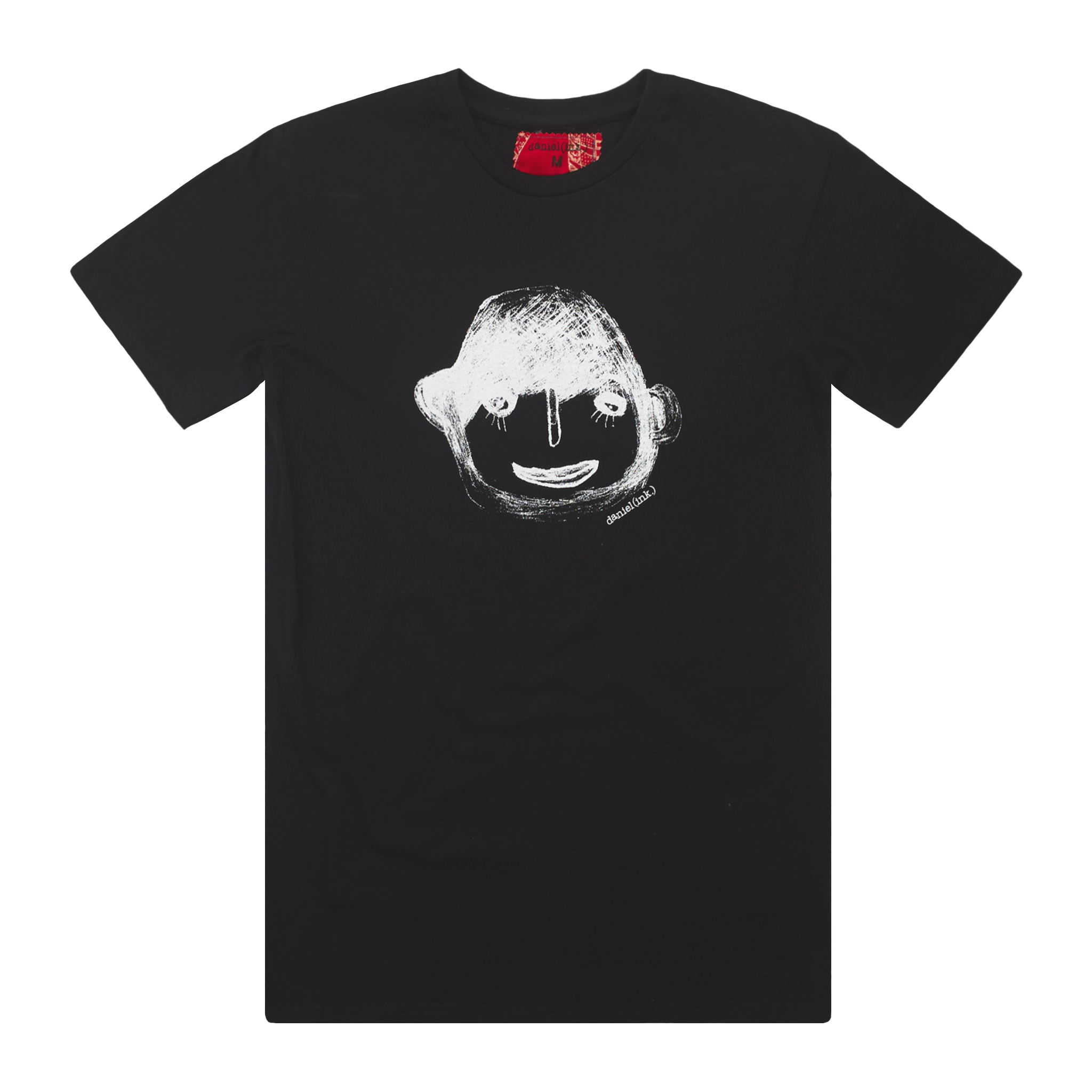 Men's black t-shirt featuring a hand drawn sketch of a person's face in white. This t-shirt has a red fabric label on the back of the neck.