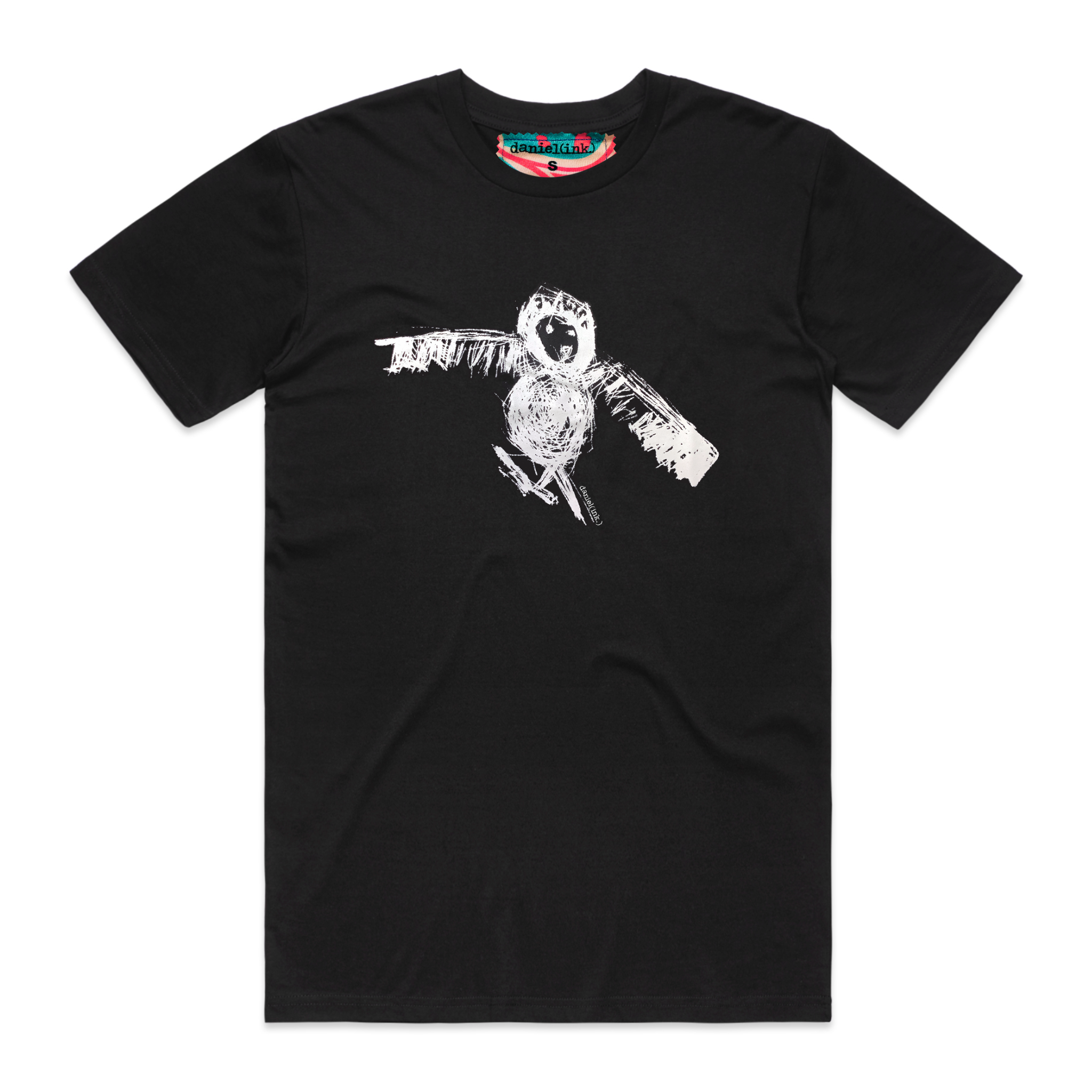 Men's black t-shirt featuring a hand drawn sketch of an owl in white. This t-shirt has a red, white, and blue fabric label on the back of the neck.