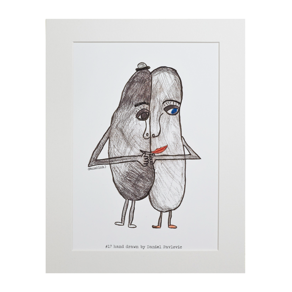 Original print of Design #17 One Love. One Love features a hand drawn sketch of two oval-shaped humanoid figures merged side by side and holding hands. The humanoid figure on the left is wearing a bowler hat and the humanoid figure on the right has red lips. The design is printed on white backing board and displayed in a white frame.