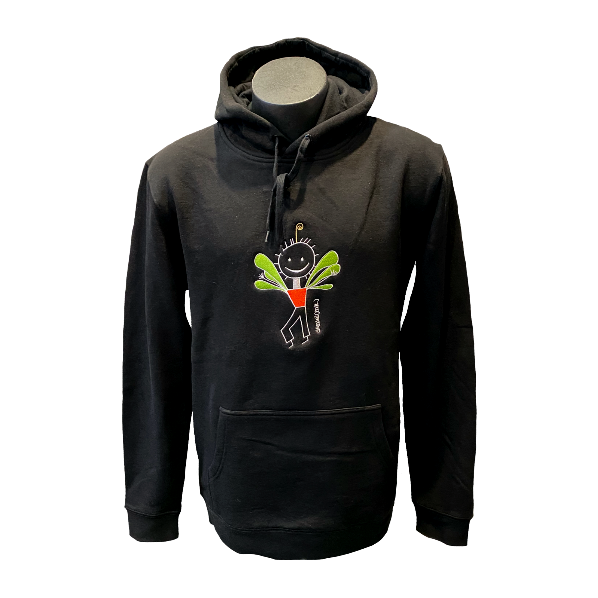 Unisex black hoodie featuring an embroidered image of a happy humanoid pot plant. The plant person is smiling and has a red plant-pot-shaped torso with long legs and green leaves sprouting from the torso. The name daniel(ink.) is embroidered in silver thread to the right of the plant person.