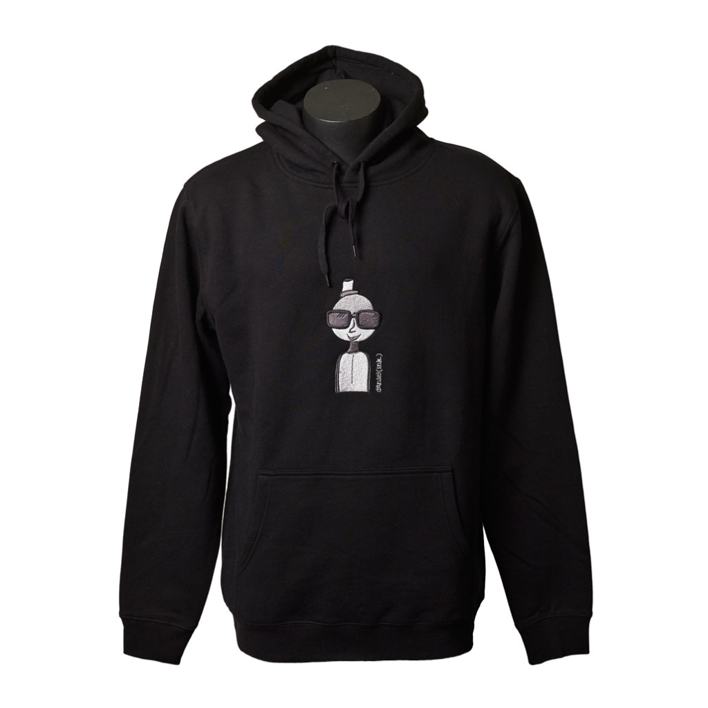 Unisex black hoodie featuring an embroidered image of a person in silver and black. The person is wearing a small top hat and big sunglasses. The name daniel(ink.) is embroidered in silver thread to the right of the person.