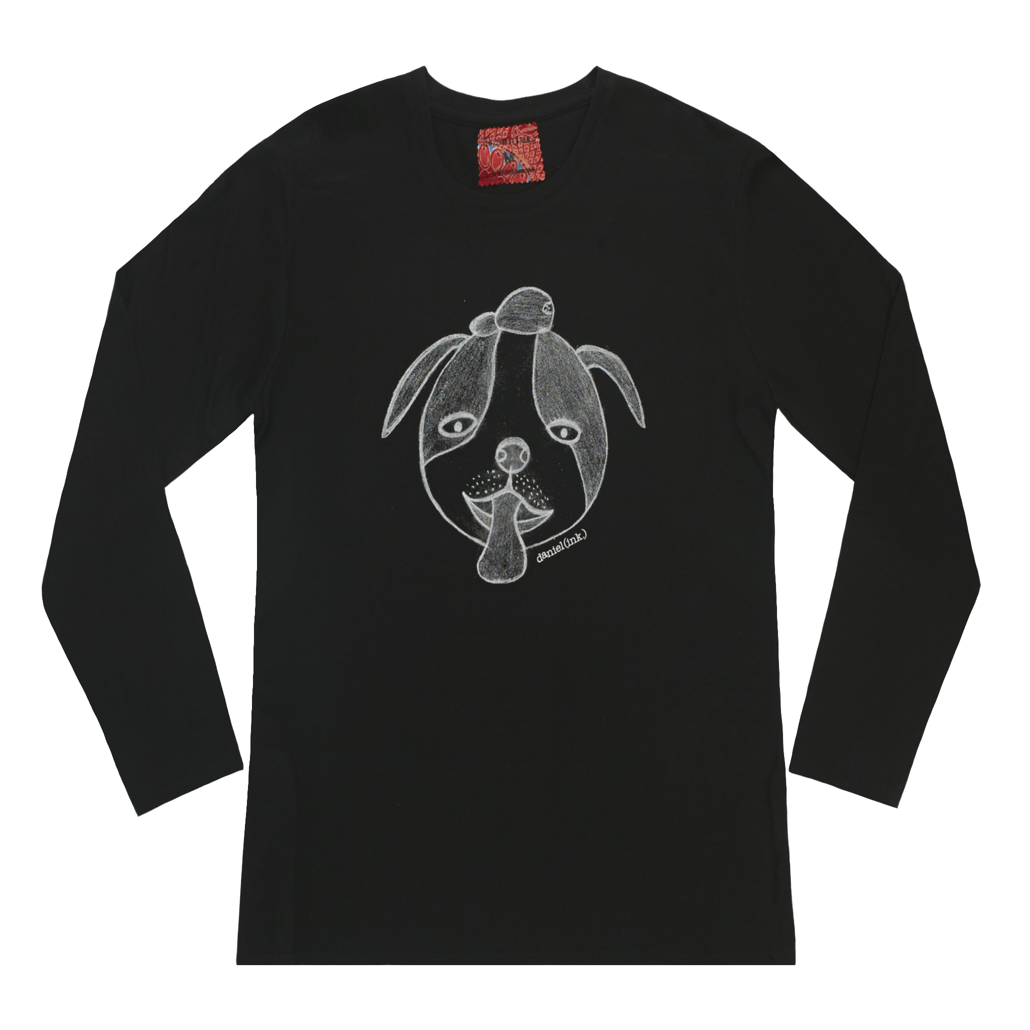 Black long sleeve women's shirt featuring a hand drawn sketch of a dog’s face in white. The dog has a round head, floppy ears, wide eyes, and its tongue is sticking out. This shirt has a red fabric label on the back of the neck.