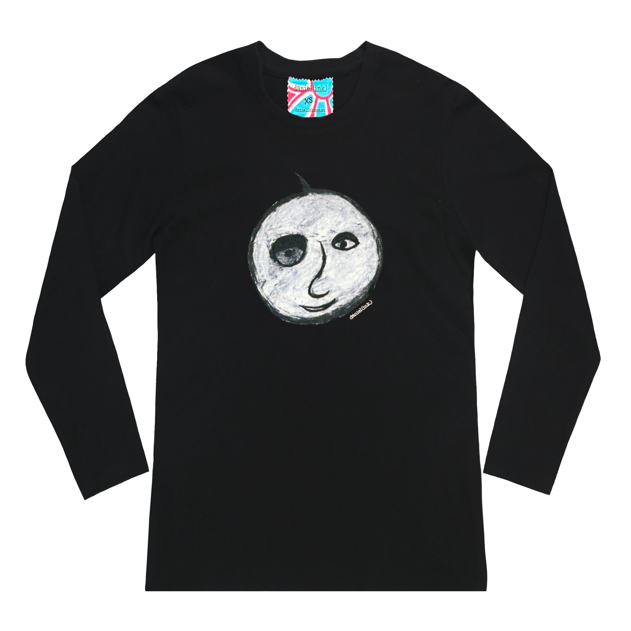 Black long sleeve women's shirt featuring a hand drawn charcoal sketch of an apple with a face in black and white. The shirt has a red, white, and blue fabric label on the back of the neck.
