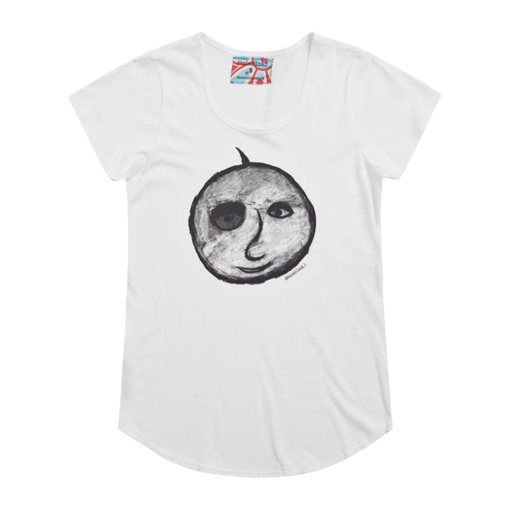 White short sleeve women's t-shirt featuring a hand drawn charcoal sketch of an apple with a face in black and white. The t-shirt has a red, white, and blue fabric label on the back of the neck.