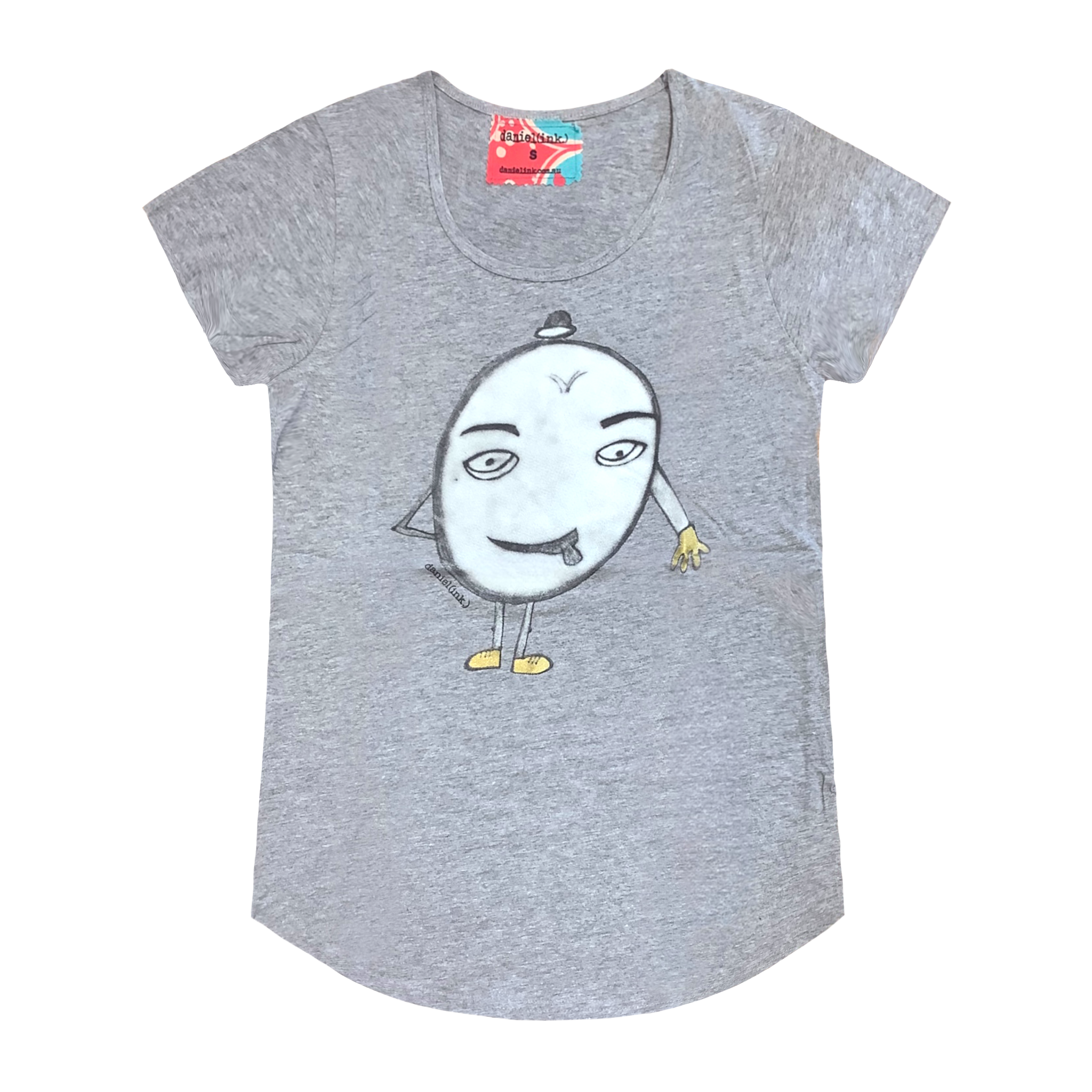 Grey short sleeve women's t-shirt featuring a hand-drawn picture of a humanoid egg man. The egg man is wearing a black bowler hat, gold gloves, and gold shoes, and is sticking his tongue out. There is a blue, white, and red fabric label on the back of the neck.