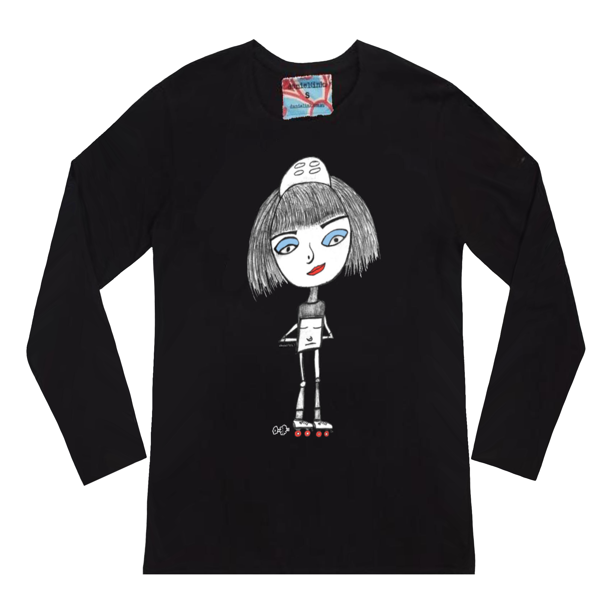 Black long sleeve women's shirt featuring a hand drawn sketch of a roller derby skater wearing a helmet and skates with red wheels. She also has blue eye shadow and red lipstick. The shirt has a blue, white, and red fabric label on the back of the neck.