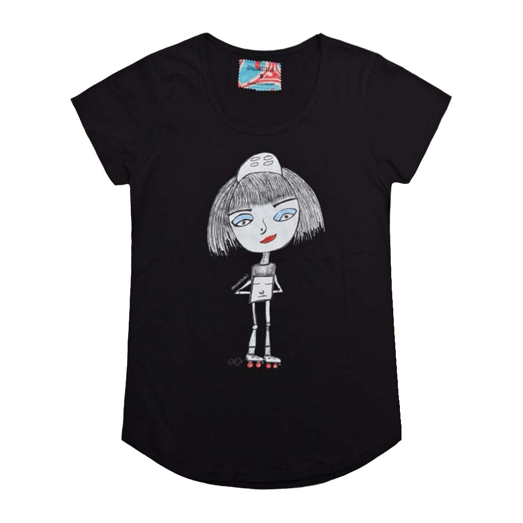 Black short sleeve women's t-shirt featuring a hand drawn sketch of a roller derby skater wearing a helmet and skates with red wheels. She also has blue eye shadow and red lipstick. The t-shirt has a blue, white, and red fabric label on the back of the neck.