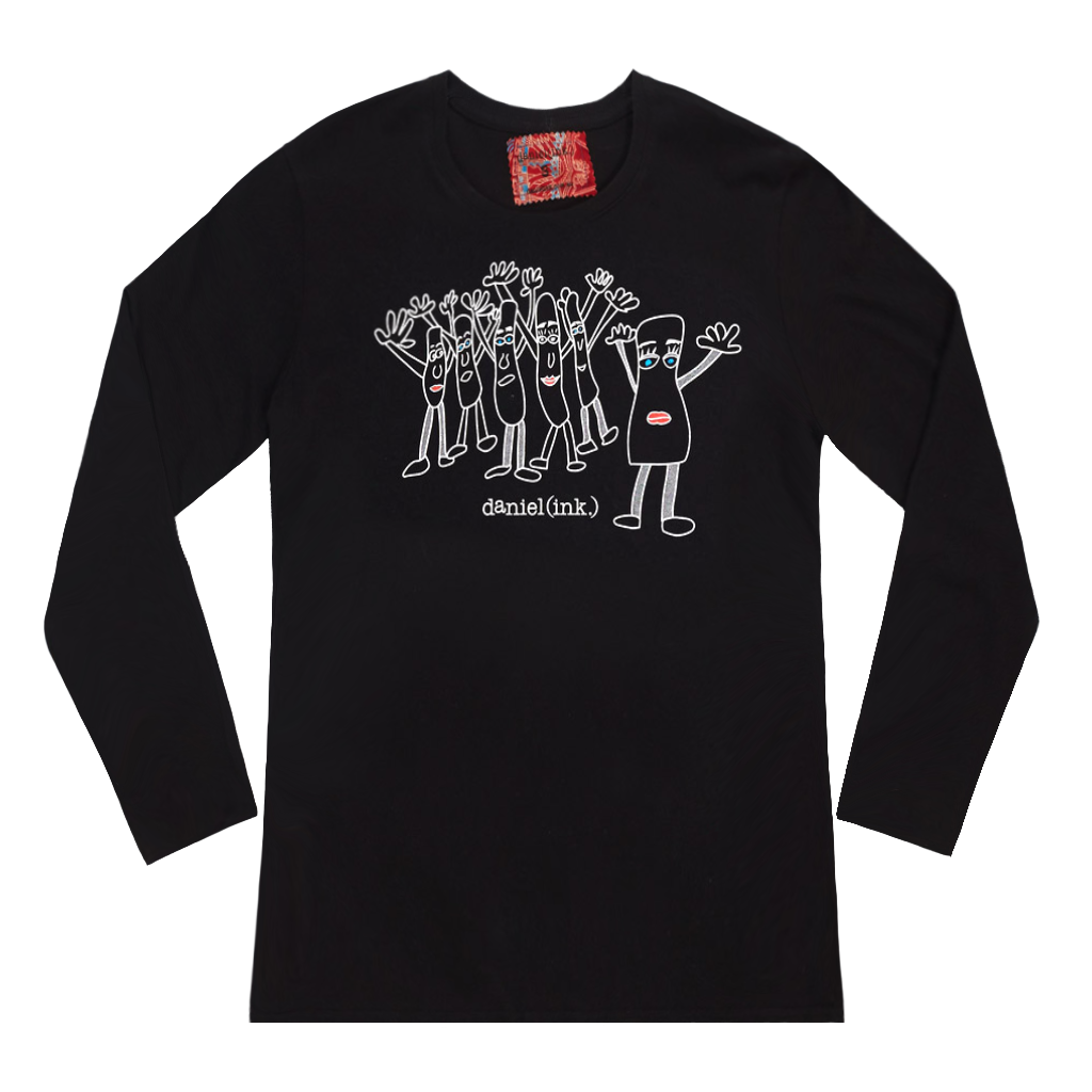 Black long sleeve women's shirt featuring a hand drawn sketch of six humanoid sausage people standing next to each other. The sausage people have their arms in the air, waving happily. The shirt has a blue, white, and red fabric label on the back of the neck.