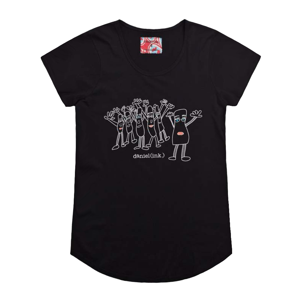 Black short sleeve women's t-shirt featuring a hand drawn sketch of six humanoid sausage people standing next to each other. The sausage people have their arms in the air, waving happily. The t-shirt has a blue, white, and red fabric label on the back of the neck.
