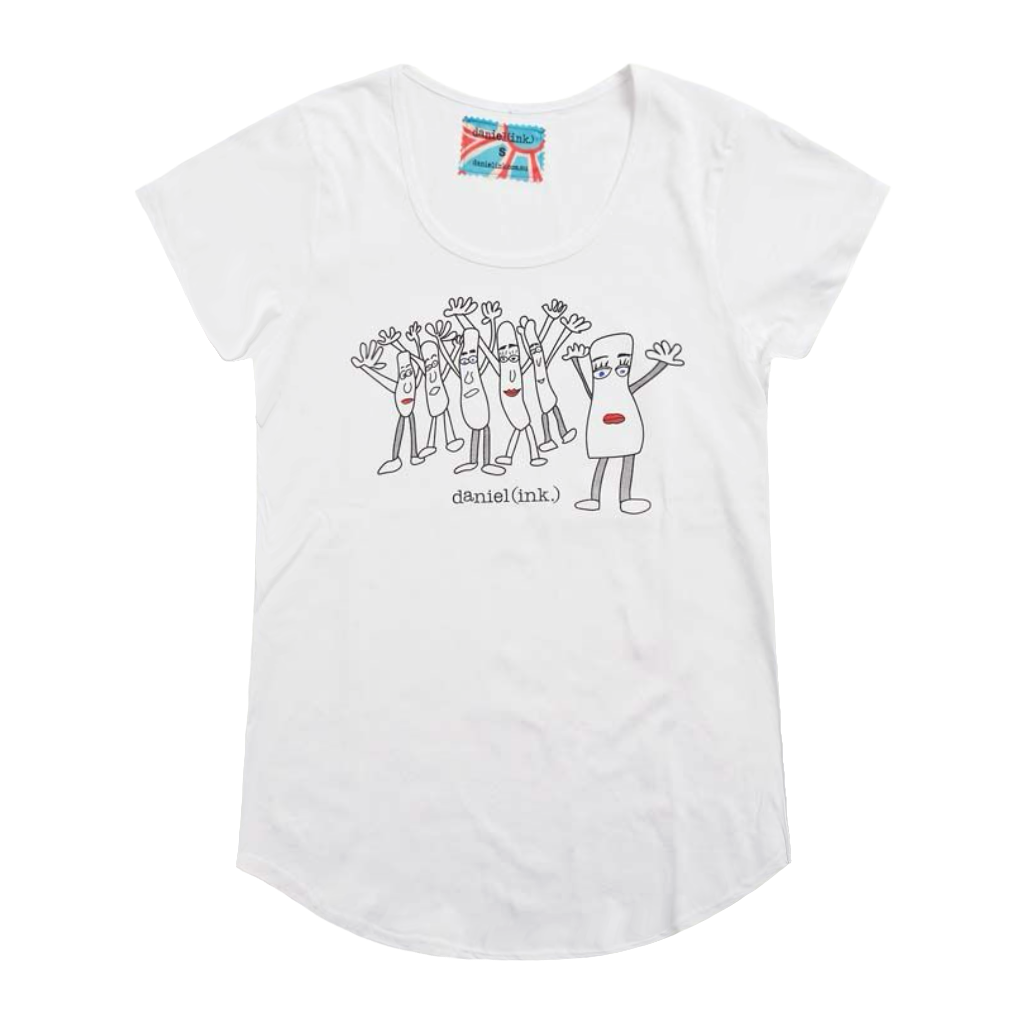 White short sleeve women's t-shirt featuring a hand drawn sketch of six humanoid sausage people standing next to each other. The sausage people have their arms in the air, waving happily. The t-shirt has a blue, white, and red fabric label on the back of the neck.