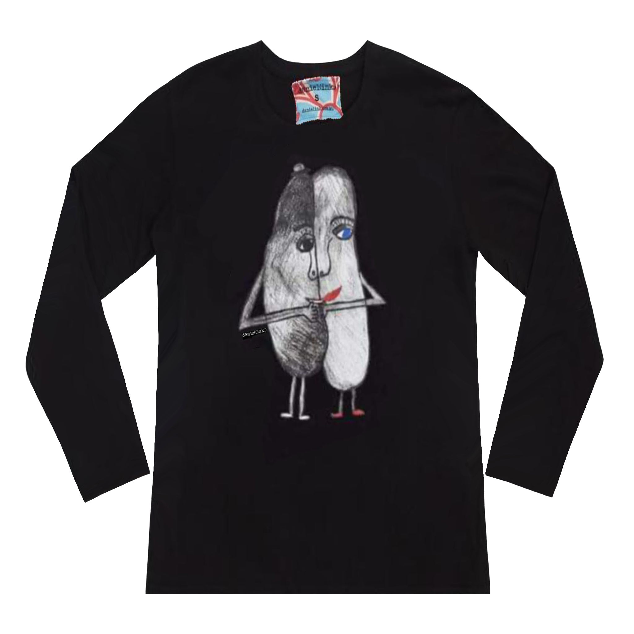 Black long sleeve women's shirt featuring a hand drawn sketch of two oval-shaped humanoid figures merged side by side and holding hands. The humanoid figure on the left is wearing a bowler hat and the humanoid figure on the right has red lips. The shirt has a blue, white, and red fabric label on the back of the neck.