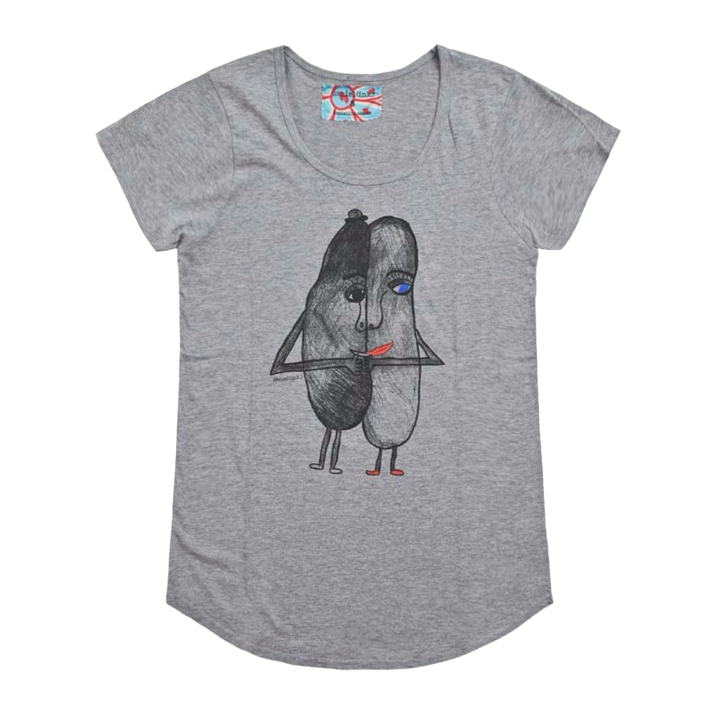 Grey short sleeve women's t-shirt featuring a hand drawn sketch of two oval-shaped humanoid figures merged side by side and holding hands. The humanoid figure on the left is wearing a bowler hat and the humanoid figure on the right has red lips. The t-shirt has a blue, white, and red fabric label on the back of the neck.