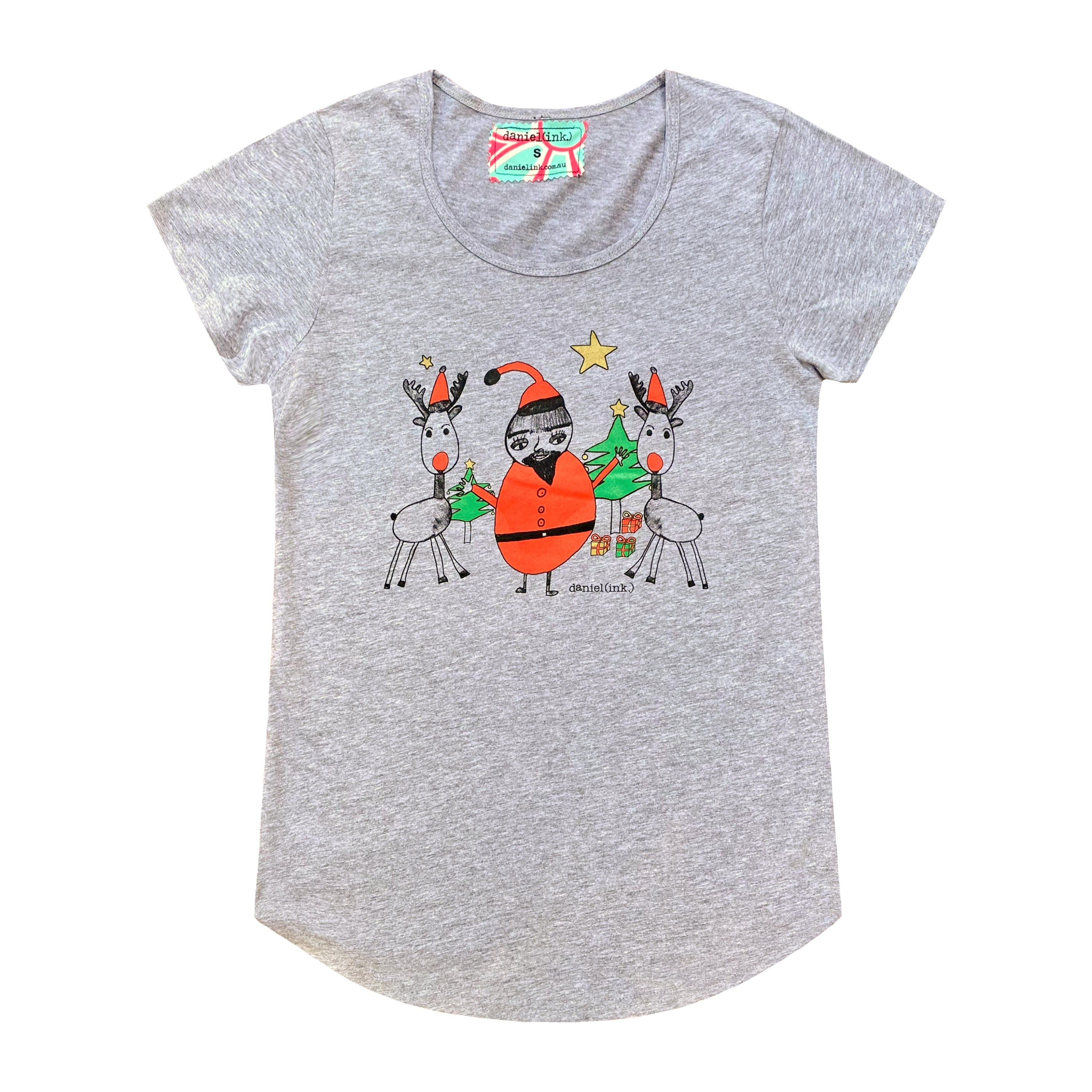 Grey short sleeve women's t-shirt featuring a hand drawn sketch of Santa Claus standing with two reindeer in front of a Christmas tree. Santa Claus is wearing his signature red outfit and the two reindeer either side of him are in red pointy Santa hats. The t-shirt has a blue, white, and red fabric label on the back of the neck.