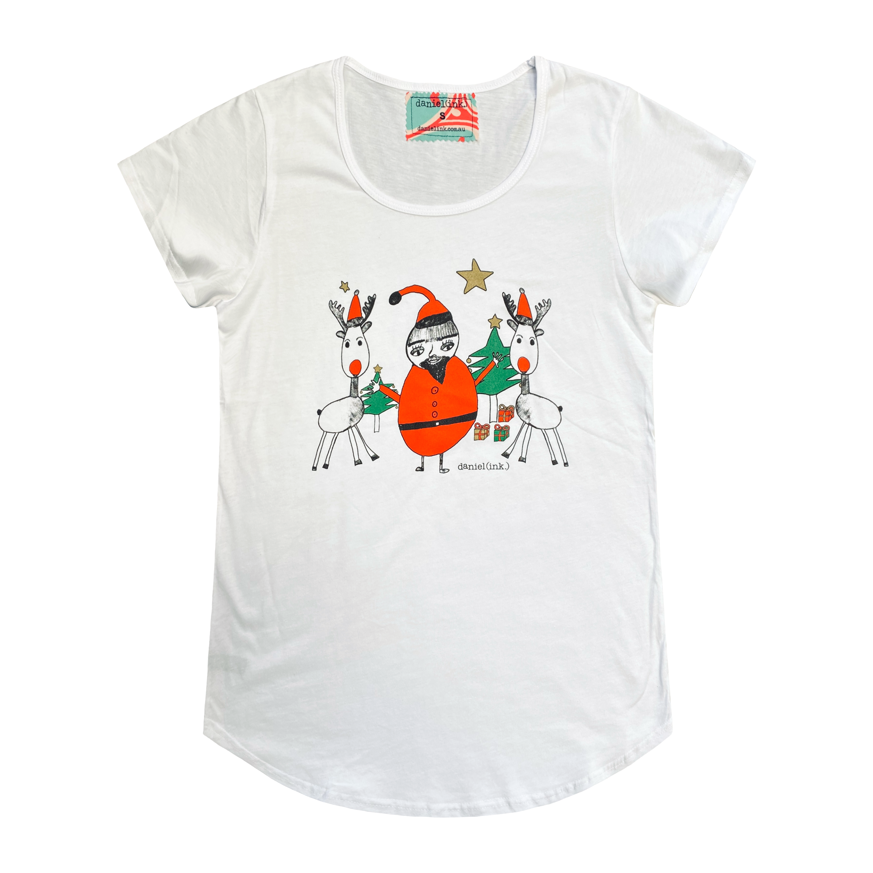 White short sleeve women's t-shirt featuring a hand drawn sketch of Santa Claus standing with two reindeer in front of a Christmas tree. Santa Claus is wearing his signature red outfit and the two reindeer either side of him are in red pointy Santa hats. The t-shirt has a blue, white, and red fabric label on the back of the neck.