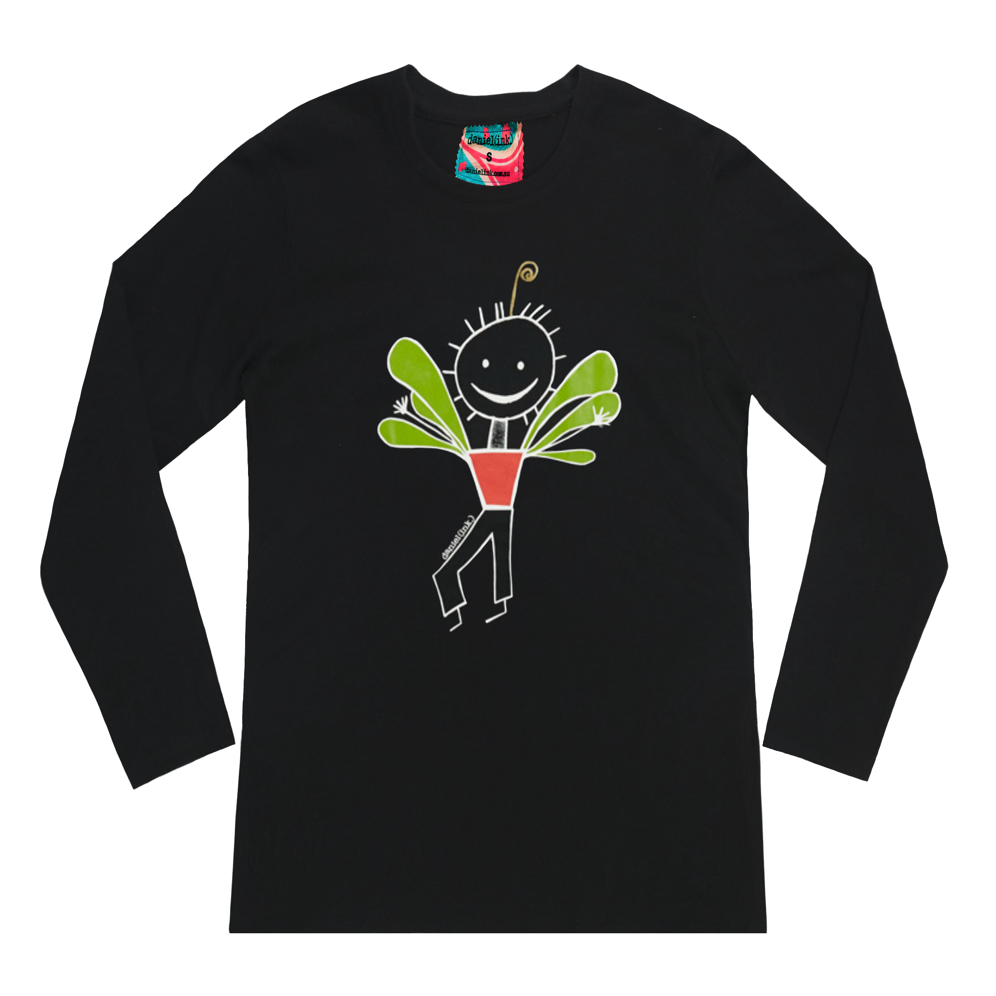 Black long sleeve women's shirt featuring an image of a happy humanoid pot plant. The plant person is smiling and has a red plant pot-shaped torso with long legs and green leaves sprouting from the torso. The shirt has a blue, white, and red fabric label on the back of the neck.