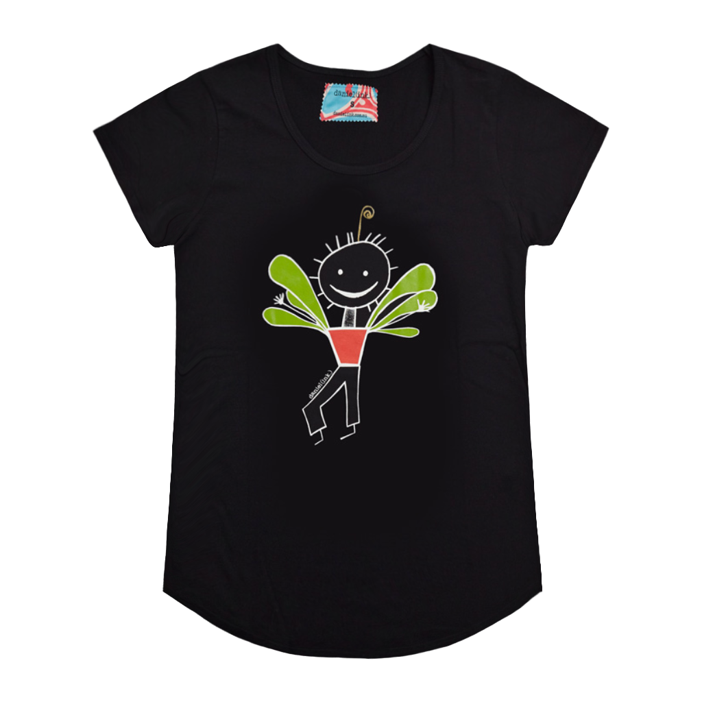 Black short sleeve women's t-shirt featuring an image of a happy humanoid pot plant. The plant person is smiling and has a red plant pot-shaped torso with long legs and green leaves sprouting from the torso. The t-shirt has a blue, white, and red fabric label on the back of the neck.