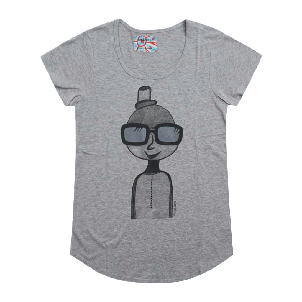 Grey short sleeve women's t-shirt featuring a hand drawn sketch of a person in black. The person is wearing a small top hat and big sunglasses. The t-shirt has a blue, white, and red fabric label on the back of the neck.