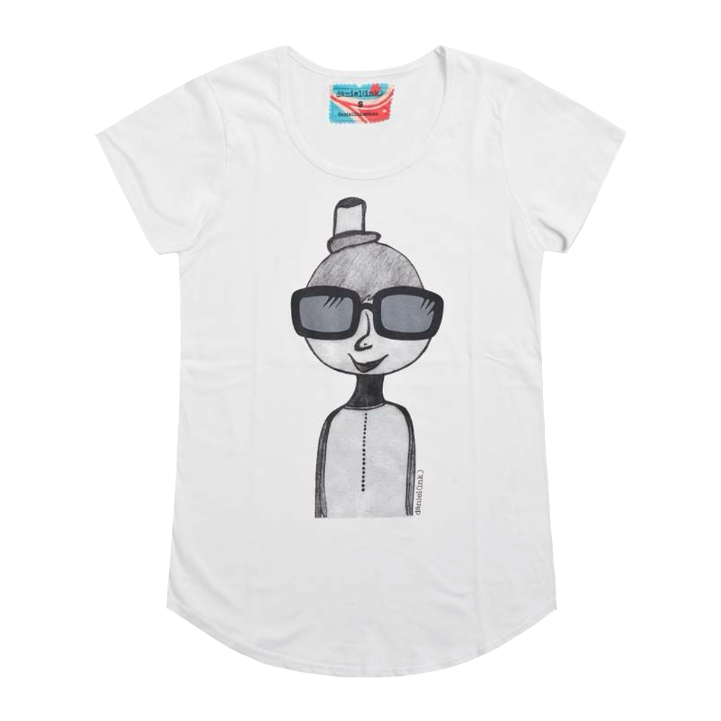 White short sleeve women's t-shirt featuring a hand drawn sketch of a person in black. The person is wearing a small top hat and big sunglasses. The t-shirt has a blue, white, and red fabric label on the back of the neck.