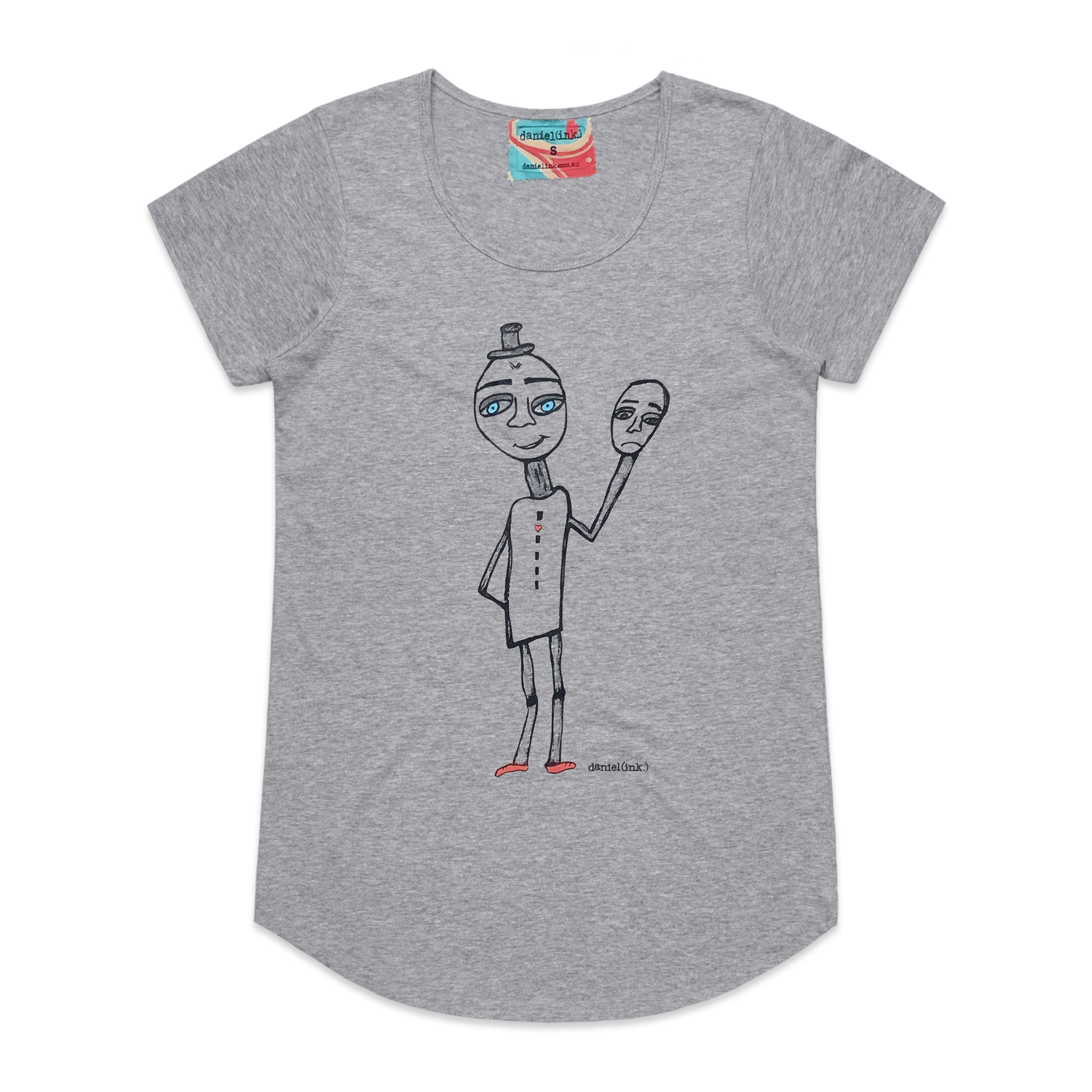 Grey short sleeve women's t-shirt featuring a hand drawn sketch of a happy man holding a sad mask in black. The man has a top hat, blue eyes, and red shoes. The t-shirt has a blue, white, and red fabric label on the back of the neck.