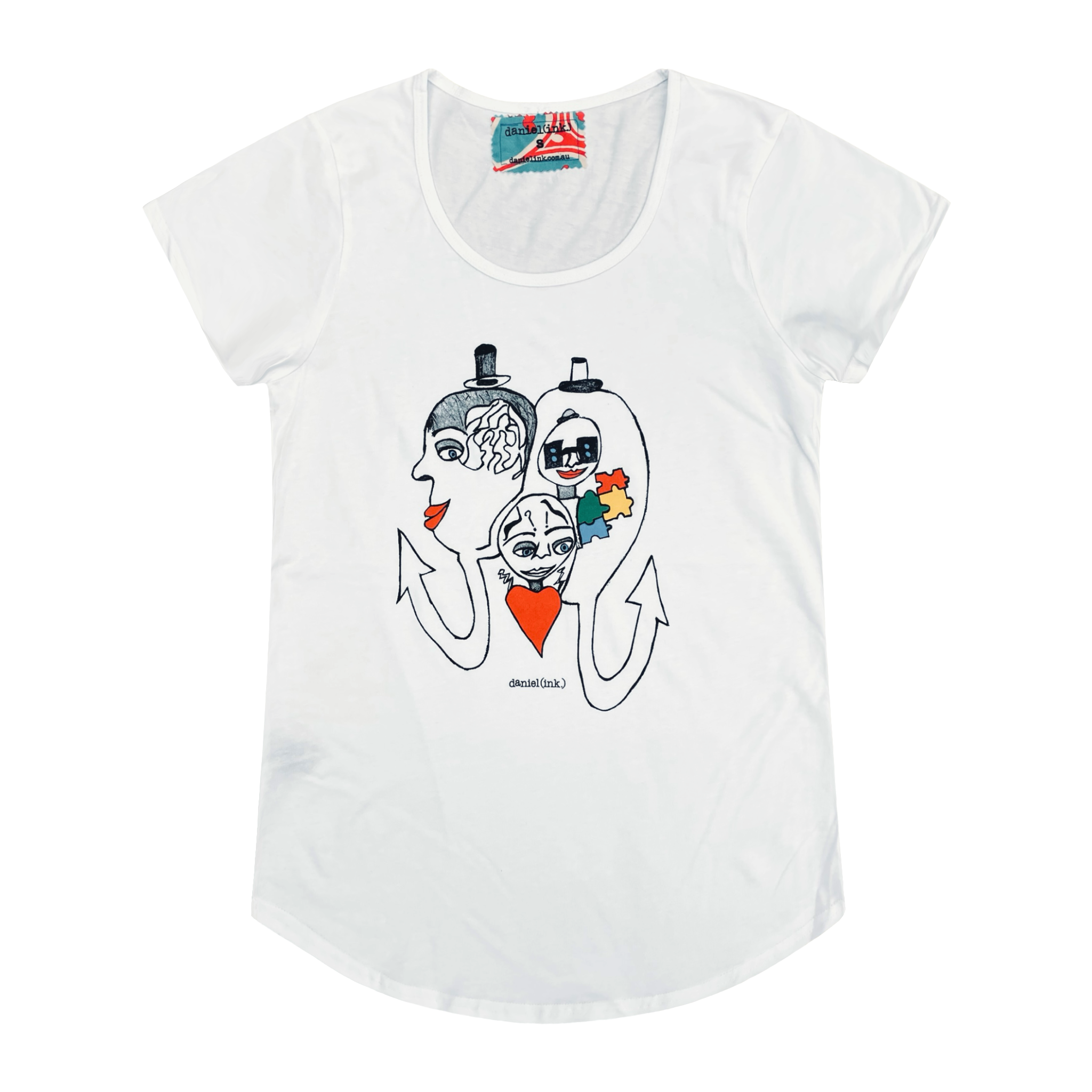 Women's white t-shirt featuring a hand drawn abstract sketch of three faces. The three faces are surrounded by different symbols of disability: braille on glasses for blindness, jigsaw pieces for autism, question marks for mental illness, and upward arrows for making progress in treatment and care of disabled people. This t-shirt has a red, white, and blue fabric label on the back of the neck.