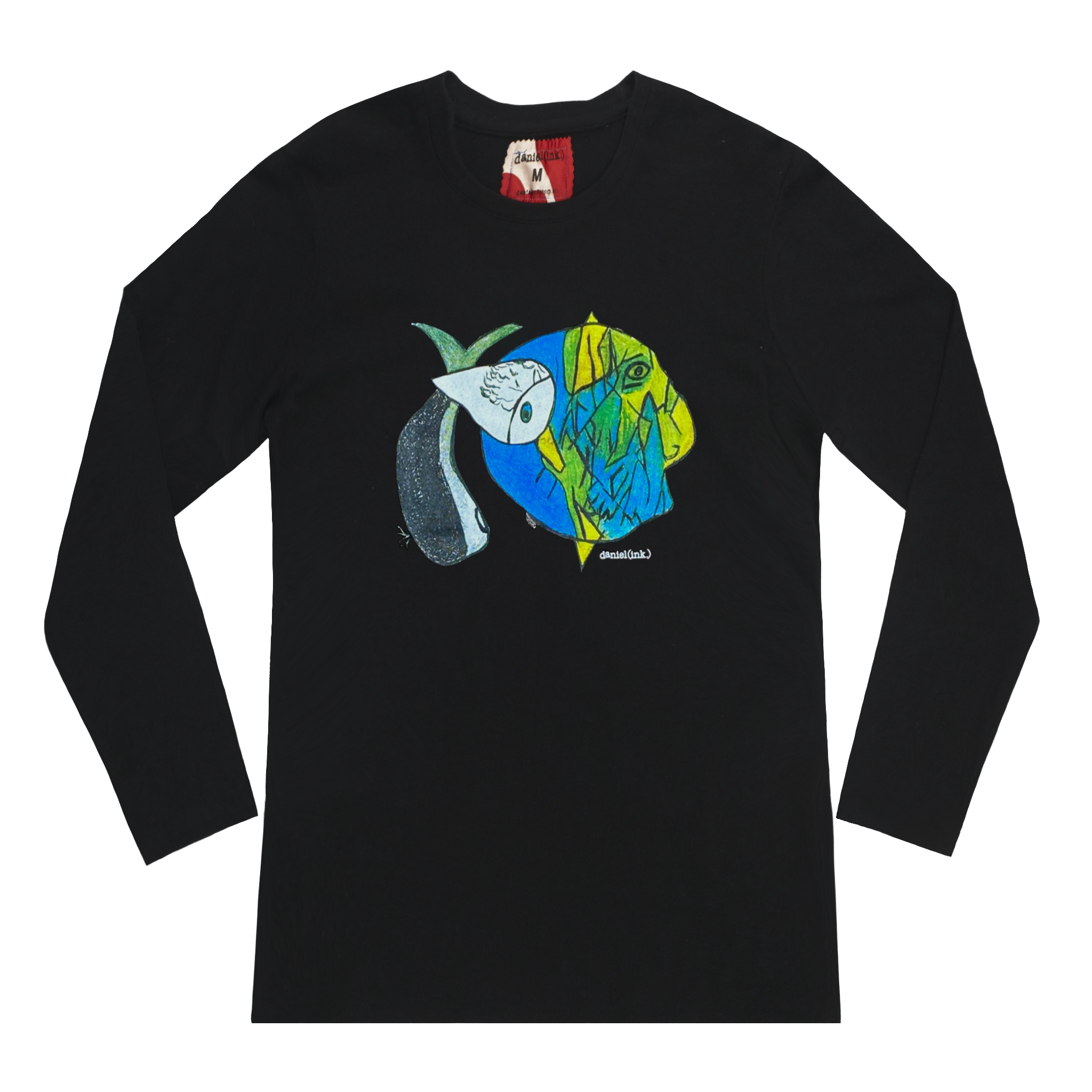 Women's black long sleeve shirt featuring an abstract drawing of three fishes swimming together. The design features a large yellow, green, and blue fish on the right; a small grey fish in the middle; and another larger grey and white fish on the left. This shirt has a red and white fabric label on the back of the neck.