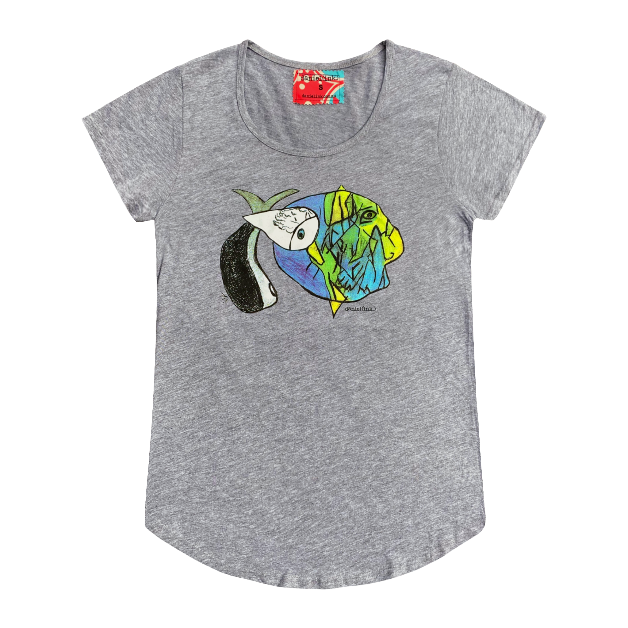 Women's grey t-shirt featuring an abstract drawing of three fishes swimming together. The design features a large yellow, green, and blue fish on the right; a small grey fish in the middle; and another larger grey and white fish on the left. This t-shirt has a red, white, and blue fabric label on the back of the neck.