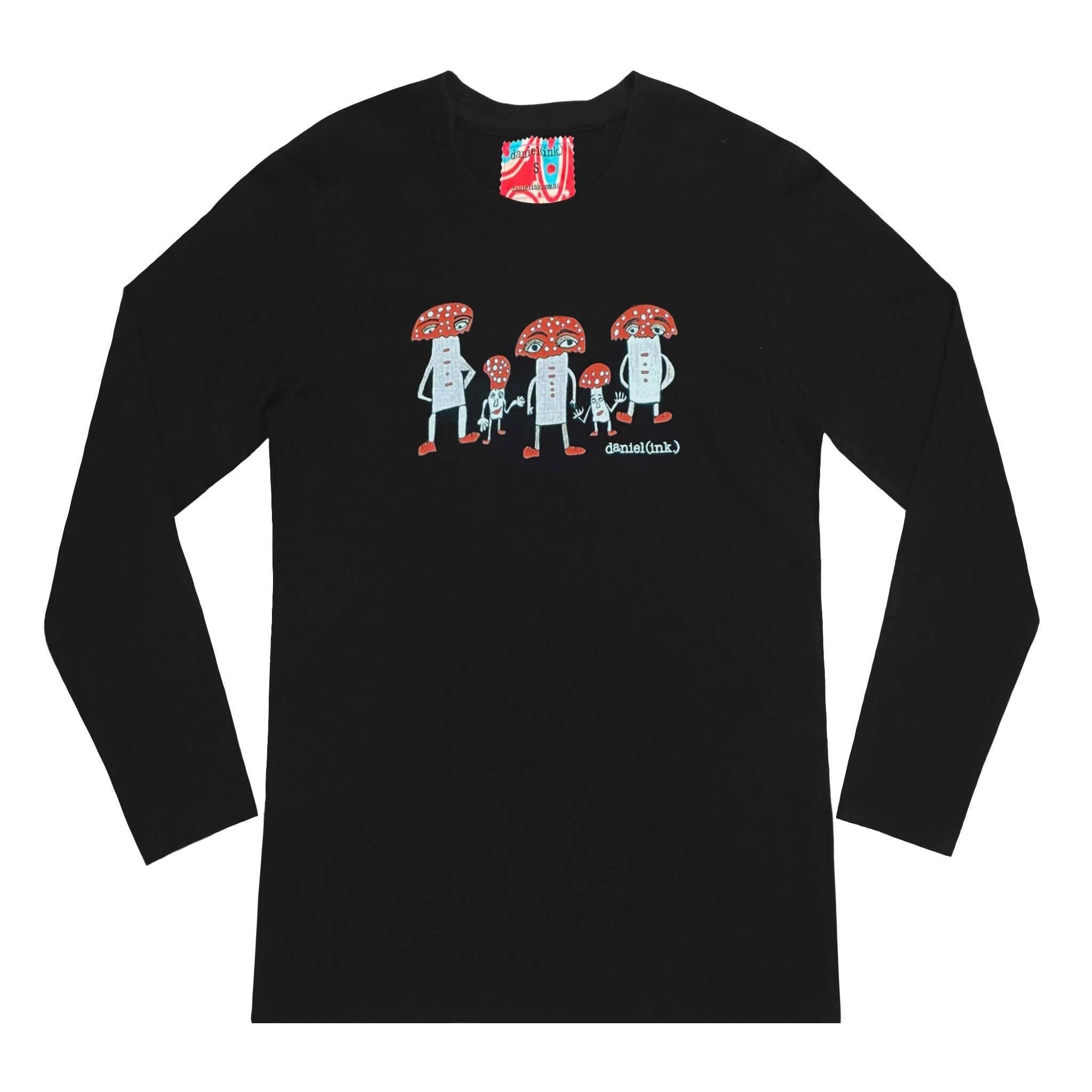 Women's black long sleeve shirt featuring a hand drawn image of five humanoid mushroom figures, three large and two small, standing next to each other. Each mushroom figure has a red mushroom cap, red shoes, and red accents. The three large mushrooms also have red buttons on their chests which spell "magic" in Morse code. This shirt has a red, white, and blue fabric label on the back of the neck.