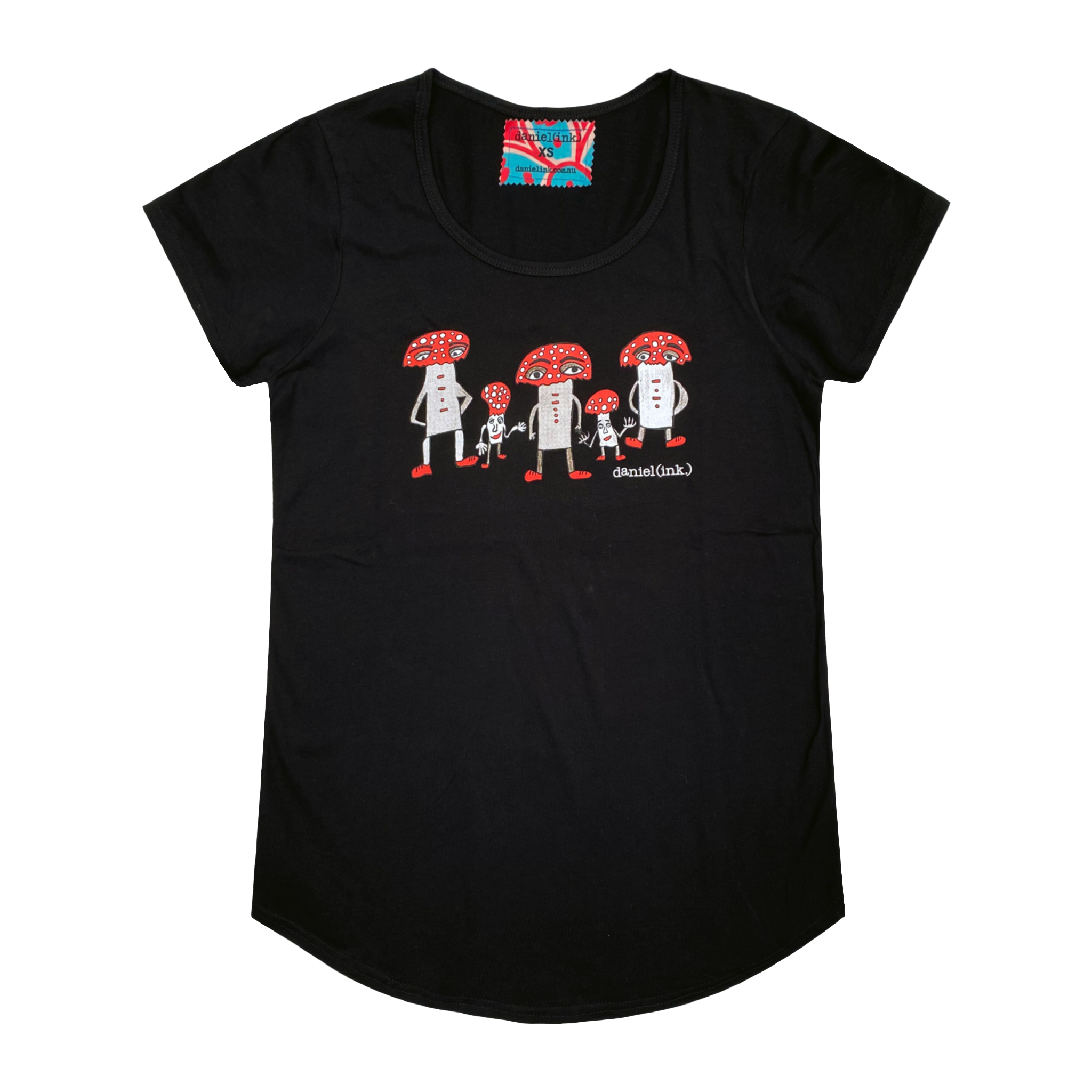 Women's black t-shirt featuring a hand drawn image of five humanoid mushroom figures, three large and two small, standing next to each other. Each mushroom figure has a red mushroom cap, red shoes, and red accents. The three large mushrooms also have red buttons on their chests which spell "magic" in Morse code. This t-shirt has a red, white, and blue fabric label on the back of the neck.