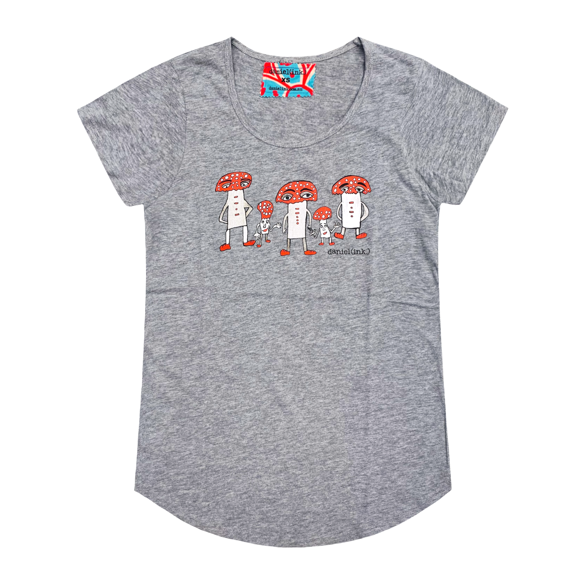 Women's grey t-shirt featuring a hand drawn image of five humanoid mushroom figures, three large and two small, standing next to each other. Each mushroom figure has a red mushroom cap, red shoes, and red accents. The three large mushrooms also have red buttons on their chests which spell "magic" in Morse code. This t-shirt has a red, white, and blue fabric label on the back of the neck.