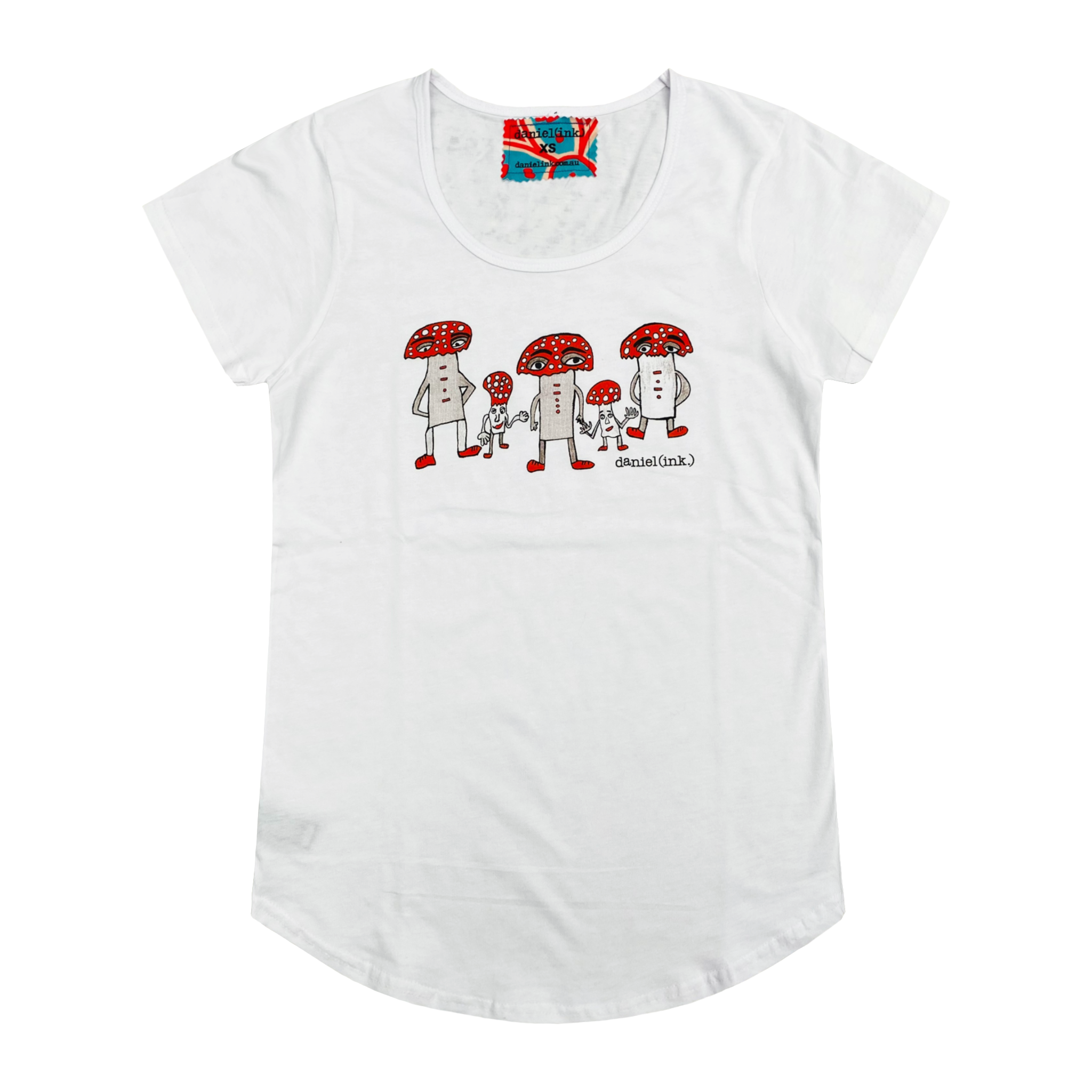 Women's white t-shirt featuring a hand drawn image of five humanoid mushroom figures, three large and two small, standing next to each other. Each mushroom figure has a red mushroom cap, red shoes, and red accents. The three large mushrooms also have red buttons on their chests which spell "magic" in Morse code. This t-shirt has a red, white, and blue fabric label on the back of the neck.
