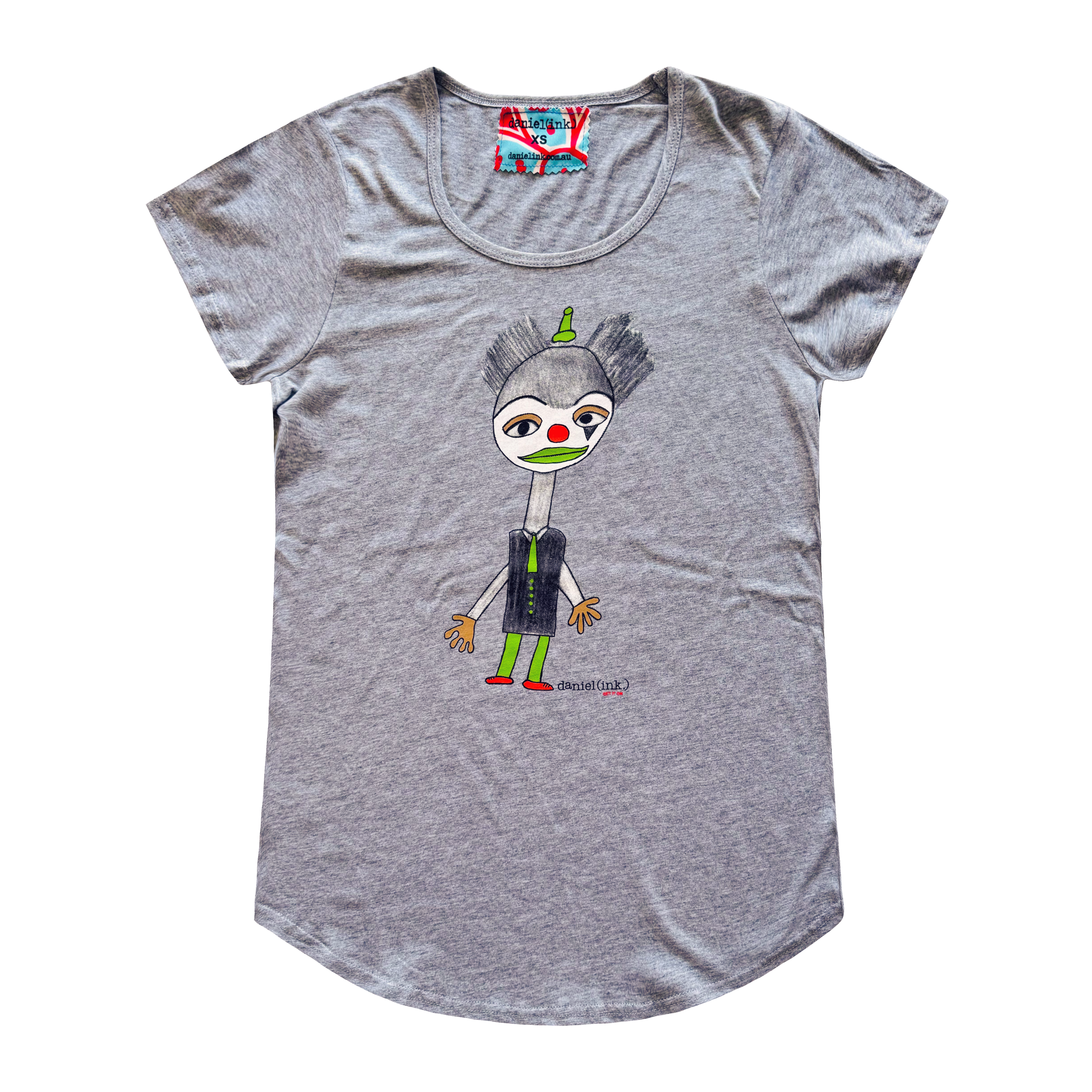 Women's grey t-shirt featuring a hand drawn image of a colourful clown. The clown has a red nose and shoes; a green hat, lips, tie, buttons, and legs; and gold eye shadow and gloves. This t-shirt has a red, white, and blue fabric label on the back of the neck.