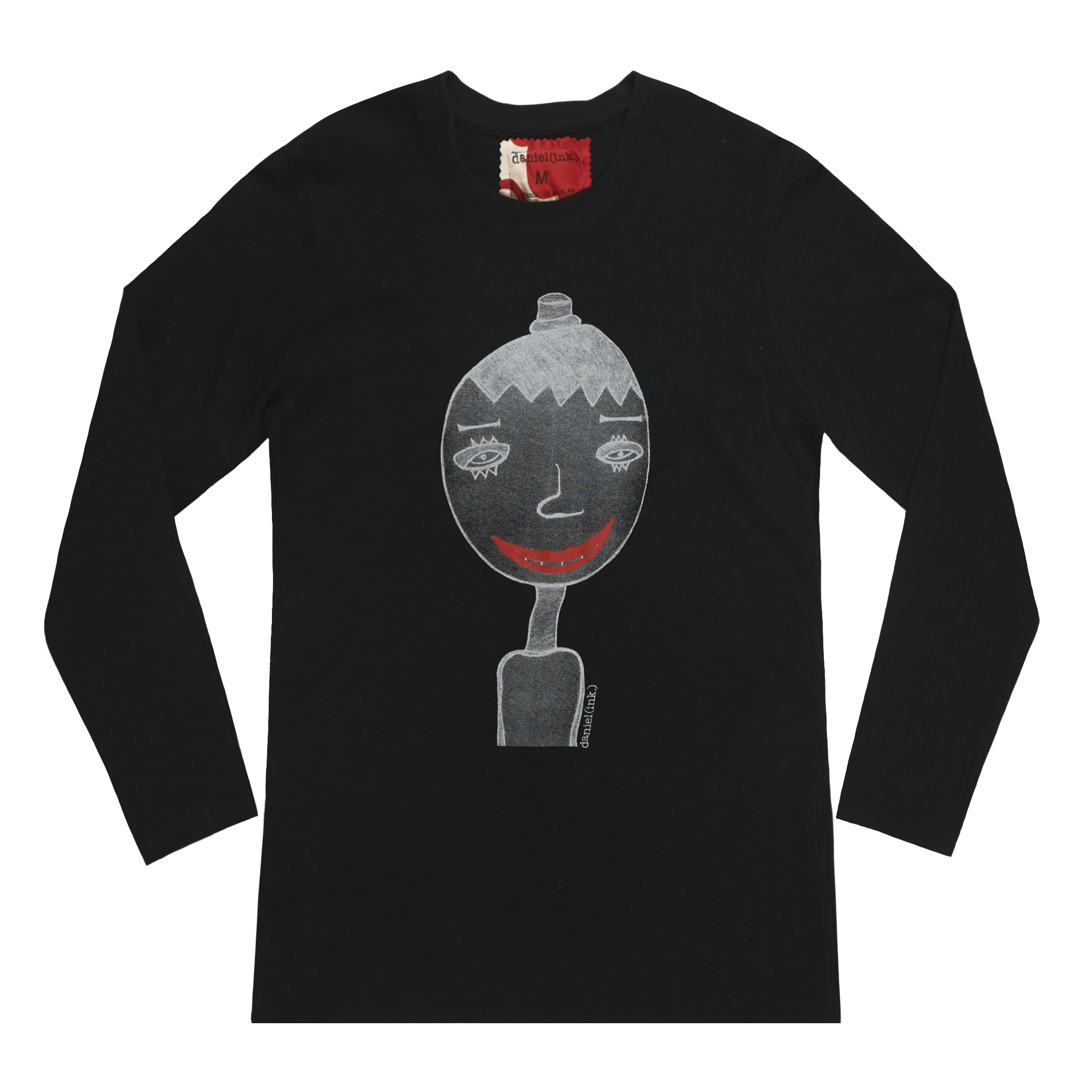 Black long sleeve women's shirt featuring a hand drawn sketch of a person in white. The person is wearing a small top hat and has big red lips in a big smile. The shirt has a red and white fabric label on the back of the neck.