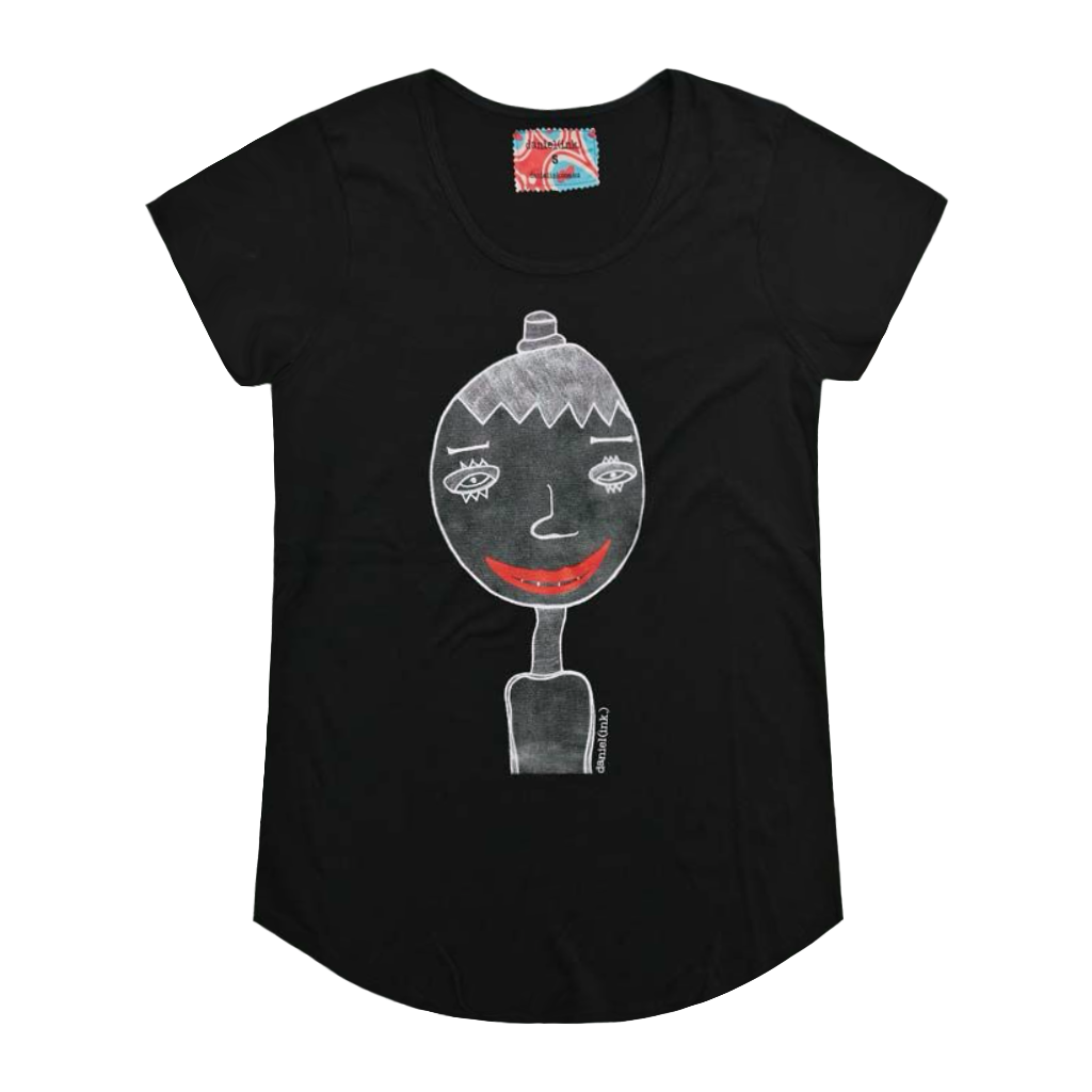 Black short sleeve women's t-shirt featuring a hand drawn sketch of a person in white. The person is wearing a small top hat and has big red lips in a big smile. The t-shirt has a blue, white, and red fabric label on the back of the neck.