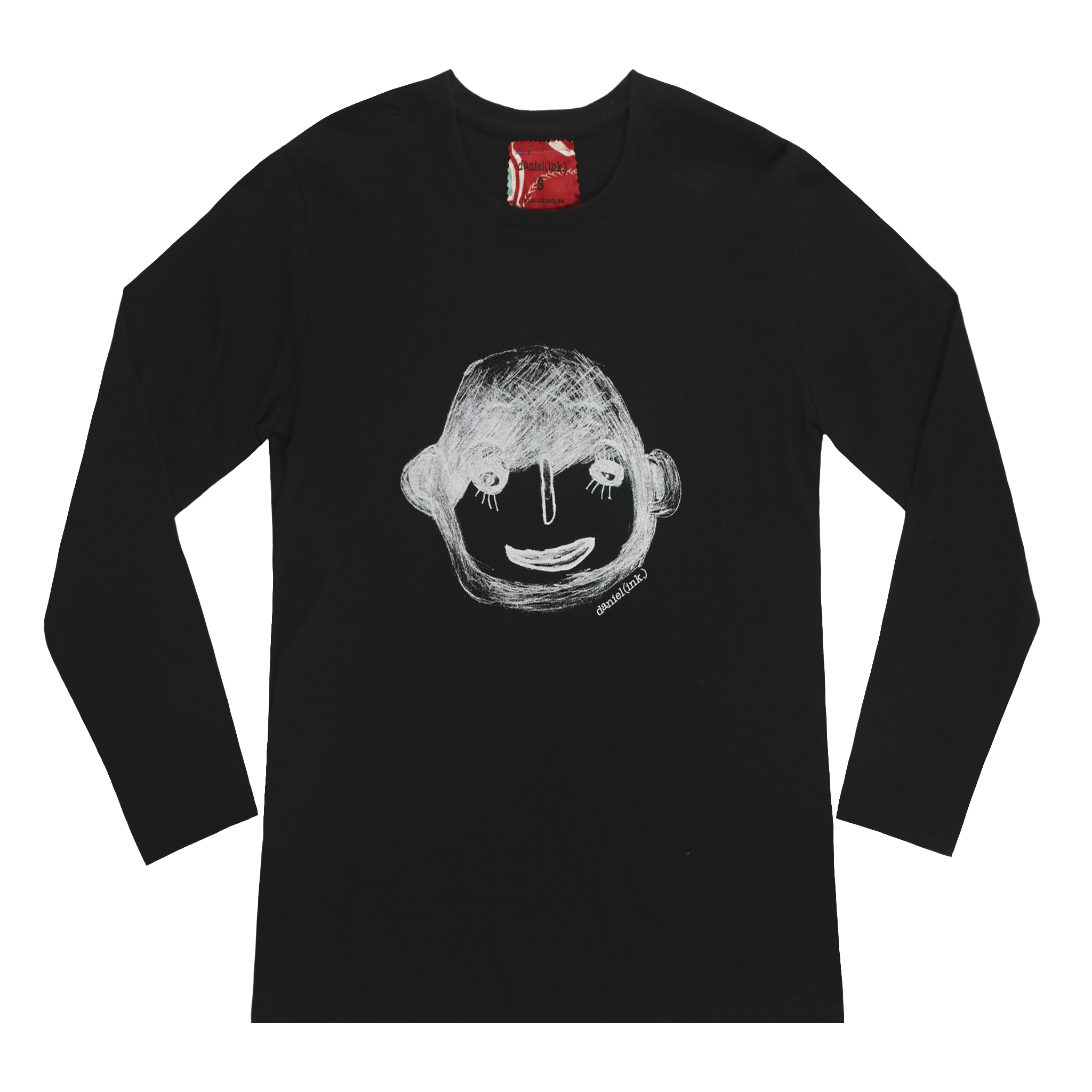 Black long sleeve women's shirt featuring a hand drawn sketch of a person's face in white. The shirt has a white and red fabric label on the back of the neck.