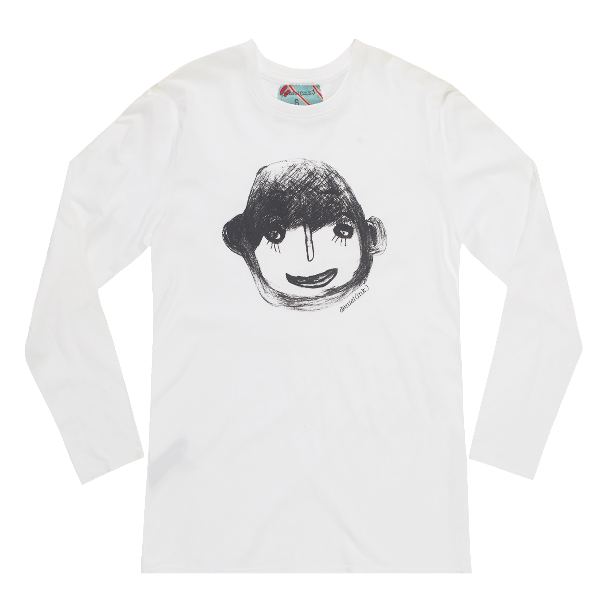 White long sleeve women's shirt featuring a hand drawn sketch of a person's face in black. The shirt has a blue and red fabric label on the back of the neck.