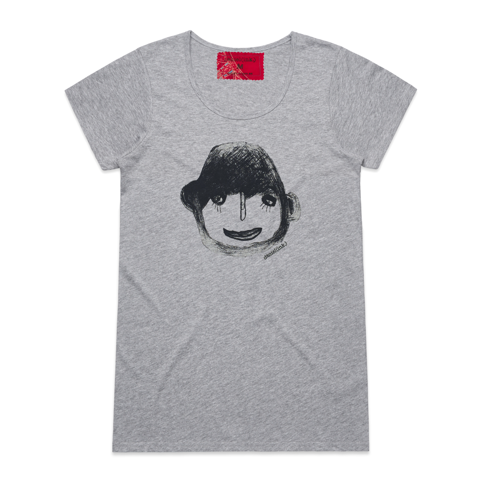 Grey short sleeve women's t-shirt featuring a hand drawn sketch of a person's face in black. The t-shirt has a red fabric label on the back of the neck.