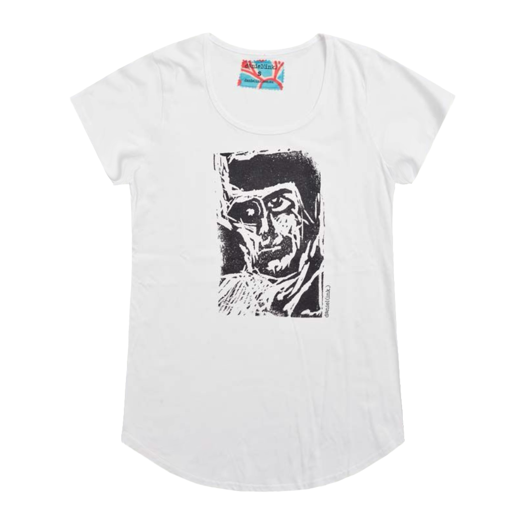 Women's white t-shirt featuring a hand drawn sketch of an abstract face in black. This t-shirt has a red, white, and blue fabric label on the back of the neck.