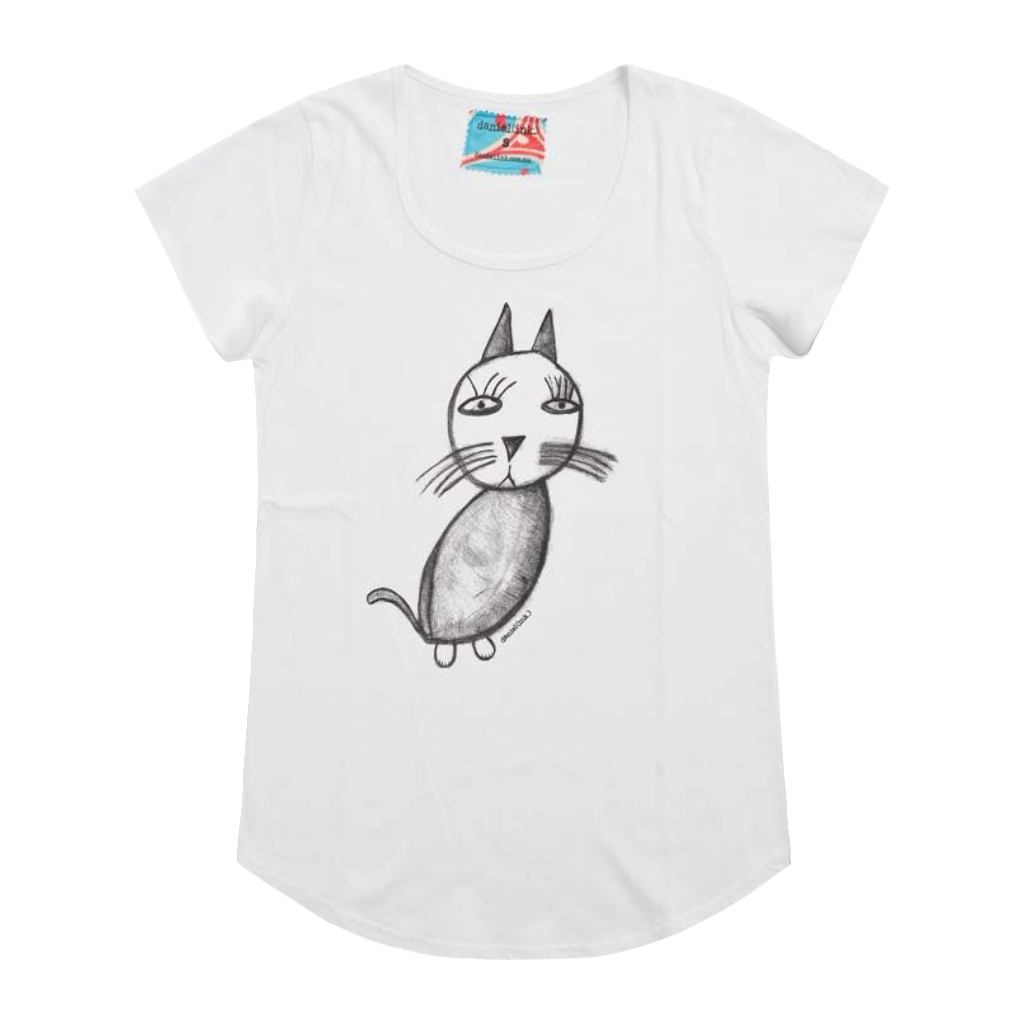Women's white t-shirt featuring a hand drawn sketch of a cat in black. This t-shirt has a red, white, and blue fabric label on the back of the neck.