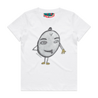 White kids' t-shirt featuring a hand drawn sketch of a humanoid egg man. The egg man is wearing a black bowler hat, gold gloves, and gold shoes, and is sticking his tongue out. The t-shirt has a red, white, and blue fabric label on the back of the neck.