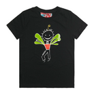 Black kids' t-shirt featuring an image of a happy humanoid pot plant. The plant person is smiling and has a red plant pot-shaped torso with long legs and green leaves sprouting from the torso. This t-shirt has a red, white, and blue fabric label on the back of the neck.