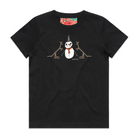 Black kids' t-shirt featuring a hand drawn image of a happy snowman standing in front of two kangaroos. The snowman is wearing an orange scarf and black top hat. This t-shirt has a red, white, and blue fabric label on the back of the neck.