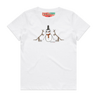 White kids' t-shirt featuring a hand drawn image of a happy snowman standing in front of two kangaroos. The snowman is wearing an orange scarf and black top hat. This t-shirt has a red, white, and blue fabric label on the back of the neck.