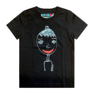 Black kids' t-shirt featuring a hand drawn sketch of a person in white. The person is wearing a small top hat and has big red lips in a big smile. This t-shirt has a red, white, and blue fabric label on the back of the neck.