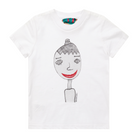 White kids' t-shirt featuring a hand drawn sketch of a person in black. The person is wearing a small top hat and has big red lips in a big smile. This t-shirt has a red, white, and blue fabric label on the back of the neck.