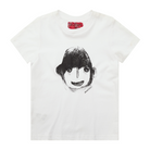 White kids' t-shirt featuring a hand drawn sketch of a person's face in black. This t-shirt has a red fabric label on the back of the neck.