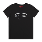 Black kids' t-shirt featuring a hand drawn sketch of the features of a face in white. The design has eyebrows, blue eyes, and a nose. This t-shirt has a red fabric label on the back of the neck. 
