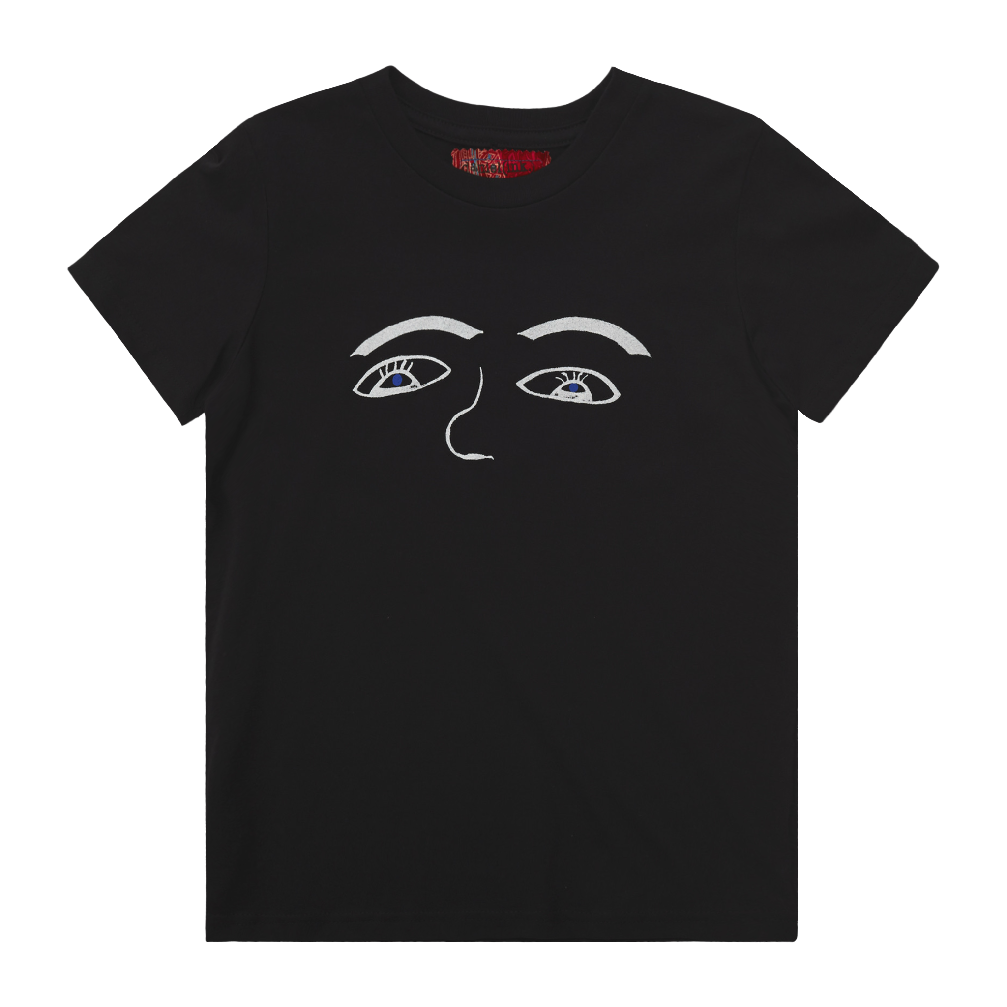 Black kids' t-shirt featuring a hand drawn sketch of the features of a face in white. The design has eyebrows, blue eyes, and a nose. This t-shirt has a red fabric label on the back of the neck. 