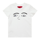 White kids' t-shirt featuring a hand drawn sketch of the features of a face in black. The design has eyebrows, blue eyes, and a nose. This t-shirt has a red fabric label on the back of the neck. 